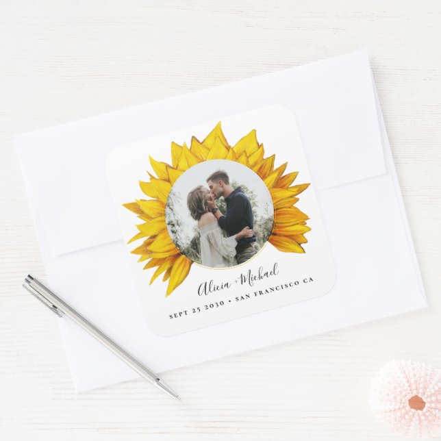 Sunflower photo rustic wedding save the date square sticker (Envelope)