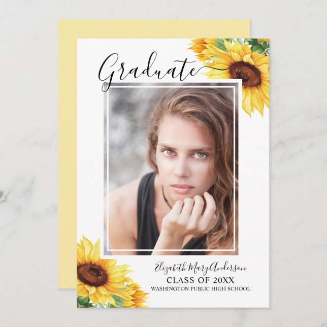 Sunflower Photo Watercolor Graduation Announcement (Front/Back)