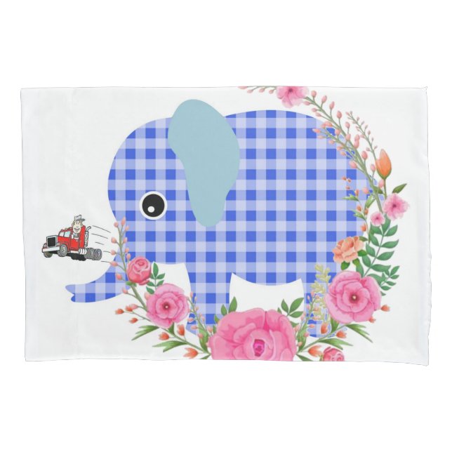 Sunflower Pillow Case, Floral Blue Elephant Pillowcase (Front)