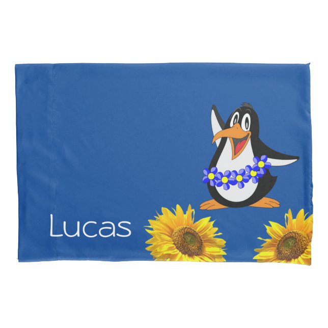 Sunflower Pillow Case, Floral Penguin Pillowcase (Front)