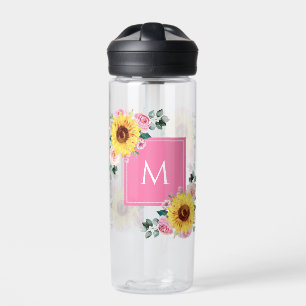 Sunflower Pink Botanical Watercolor Monogrammed Water Bottle