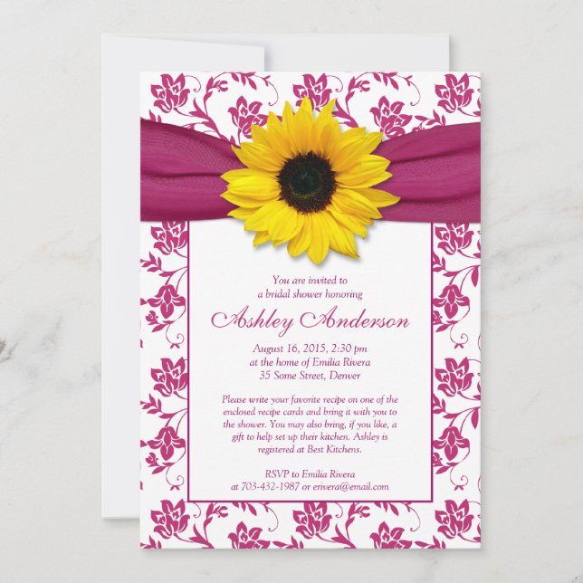 Sunflower Pink Damask Bridal Shower Invitation (Front)