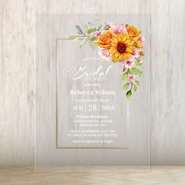 Sunflower Pink Floral Bridal Shower Acrylic Invitations (Creator Uploaded)
