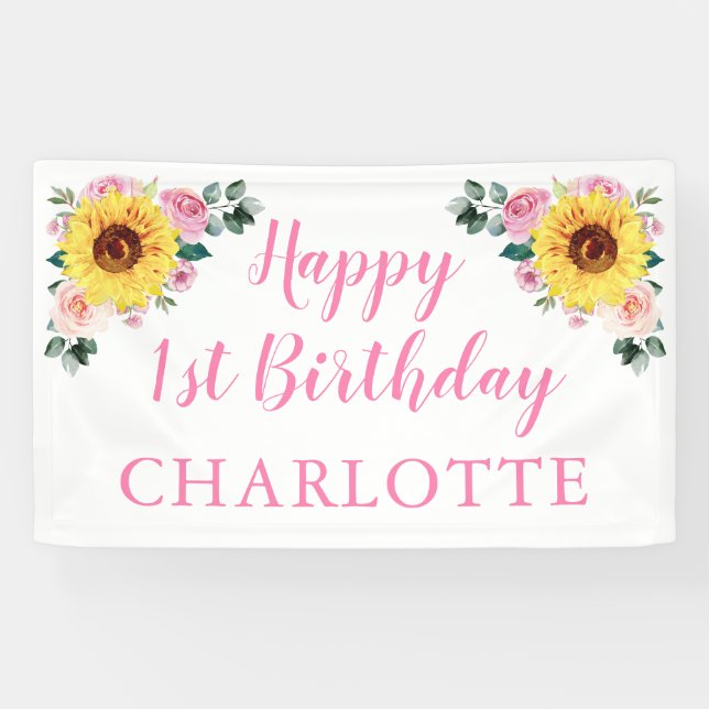Sunflower Pink Floral Personalized 1st Birthday Banner (Horizontal)