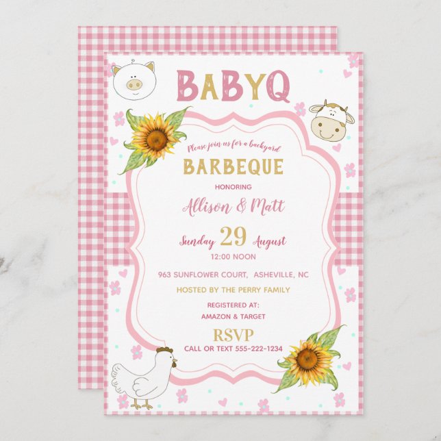 Sunflower Pink Gingham Baby Q Barbecue Invitation (Front/Back)