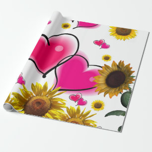 Sunflower Pink Hearts Matte Wrapping Paper