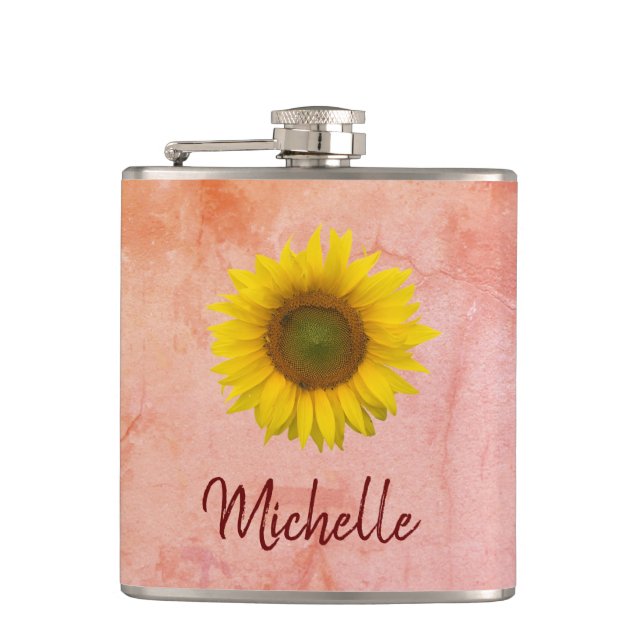 Sunflower Pink Marble Red Script Typography Flask (Front)