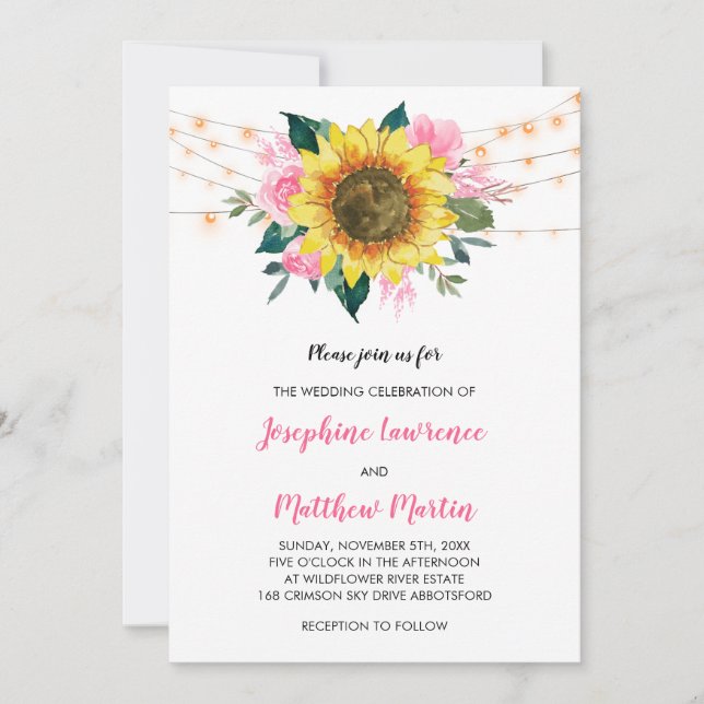 Sunflower Pink Rose Floral Lights Wedding Invitation (Front)
