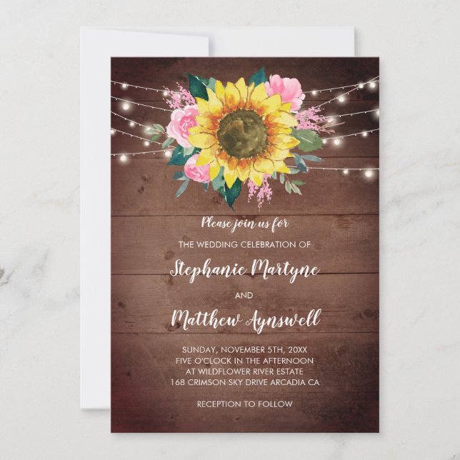 Sunflower Pink Rose Floral Lights Wood Wedding Invitation (Front)