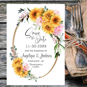 Sunflower Pink Rose Oval Wedding Save The Date