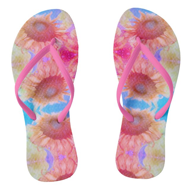 Sunflower Pink Yellow Blue Boho Floral Pattern Flip Flops (Footbed)