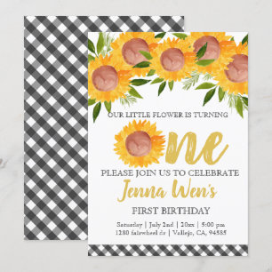 Sunflower plaid first kid birthday invitation