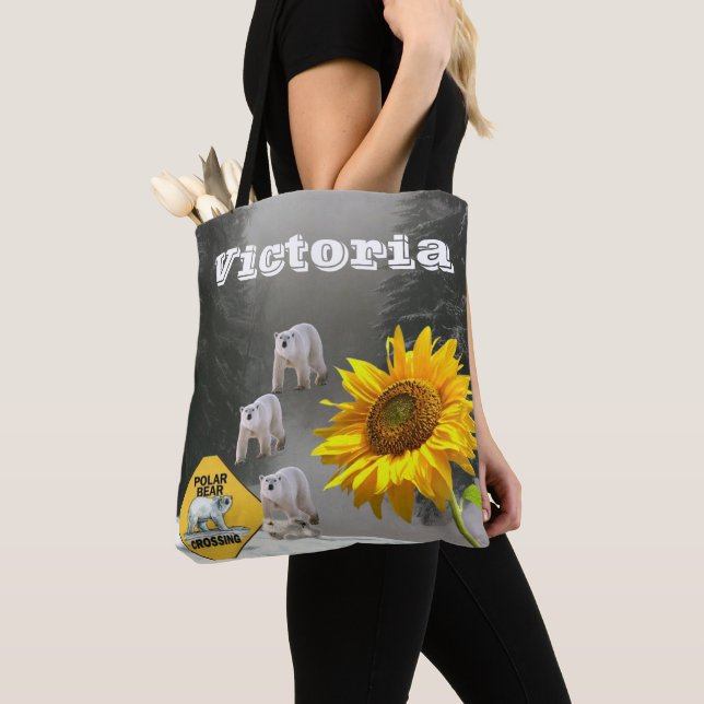 Sunflower Polar Bear Floral Kitten Tote Bag (Close Up)