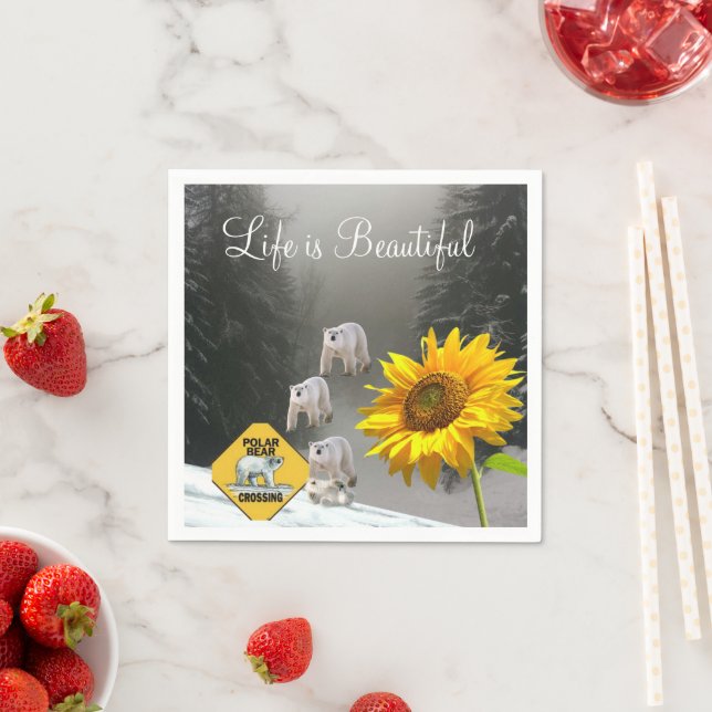Sunflower Polar Bear Floral Paper Napkins (Insitu)
