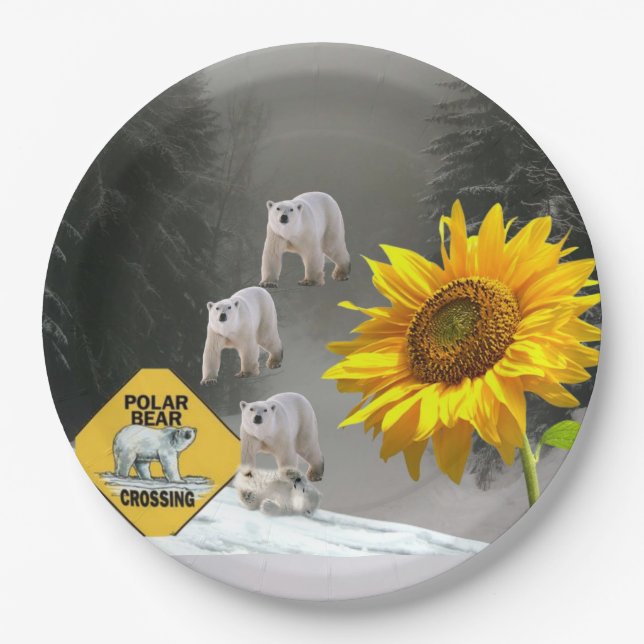 Sunflower Polar Bear Floral Paper Plates (Front)