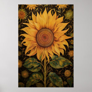 Sunflower print, botanical dark academia poster