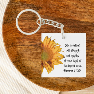 Sunflower Proverbs 31:25 Bible Verse Christian Keychain