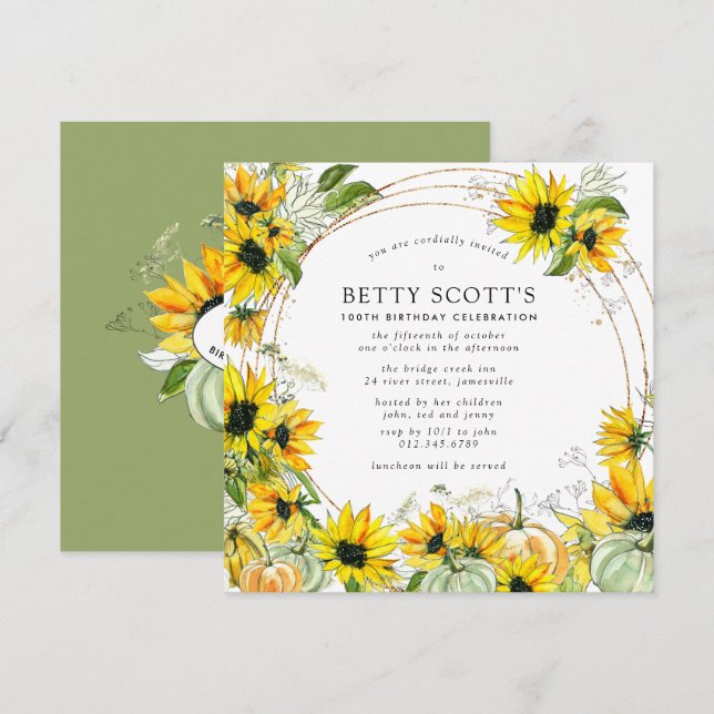 Sunflower Pumpkin Autumn 100th Square Birthday Invitation (Front/Back)