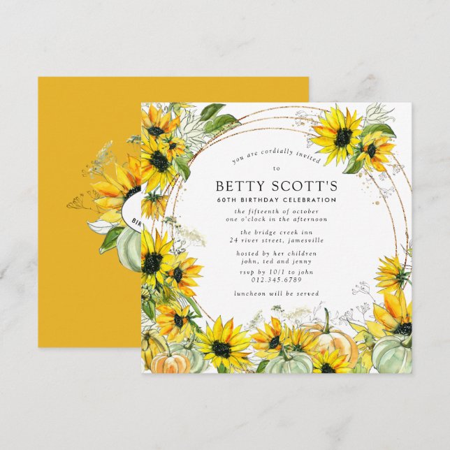 Sunflower Pumpkin Autumn Fall 60th Birthday Invitation (Front/Back)