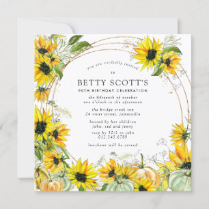 Sunflower Pumpkin Autumn Fall 90th Birthday Invitation