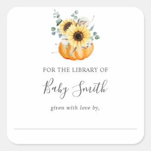 Sunflower Pumpkin Baby Shower Library Bookplate Square Sticker