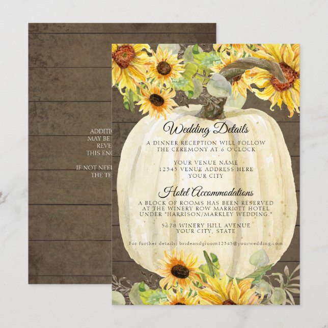 Sunflower Pumpkin Floral Fall Wedding Details Enclosure Card (Front/Back)