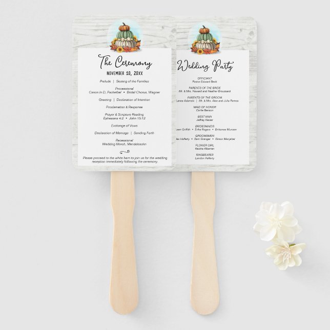 Sunflower Pumpkin Rustic Fall Wedding Program Hand Fan (Front and Back)
