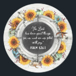 Sunflower Pumpkin Rustic Thanksgiving Bible Verse Classic Round Sticker<br><div class="desc">Customize this sticker with your own favourite Bible verse! A beautiful autumnal theme for planning a family Thanksgiving dinner, gathering, or party. Celebrate with timeless watercolor styling over vibrant sunflowers, blue-toned pumpkins and rustic wood with chalkboard. • Browse the Blessed Thanksgiving Collection below to see all coordinating products in this...</div>
