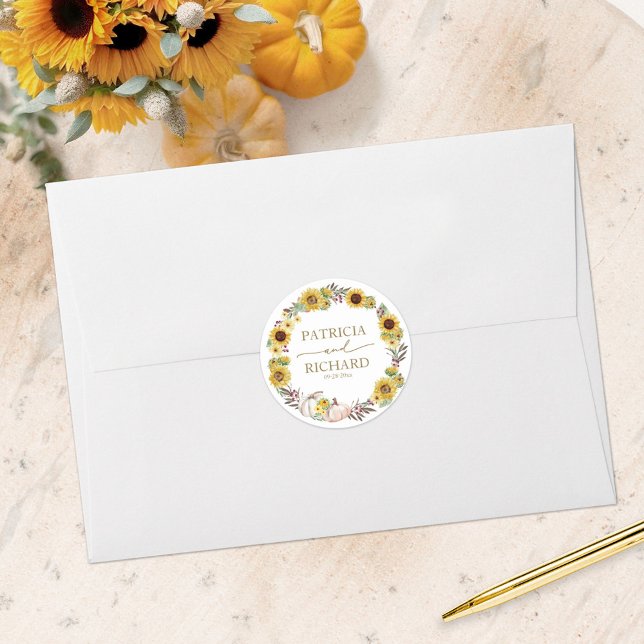 Sunflower Pumpkin Wreath Fall Wedding  Classic Round Sticker (Creator Uploaded)