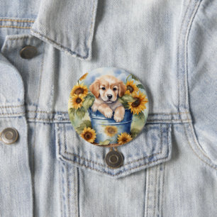 Sunflower Puppy 3 Inch Round Button