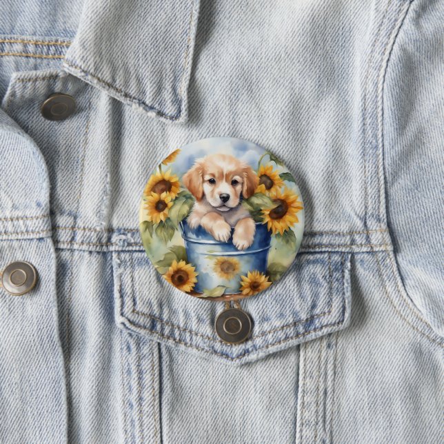 Sunflower Puppy 3 Inch Round Button (In Situ)