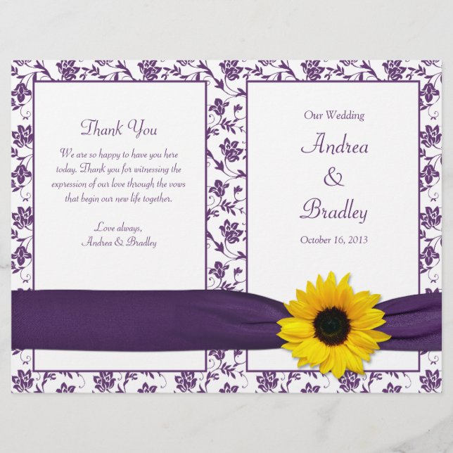 Sunflower Purple Damask Floral Wedding Programme (Devant)