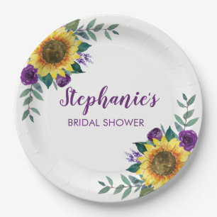 Sunflower Purple Floral Bridal Shower Paper Plate