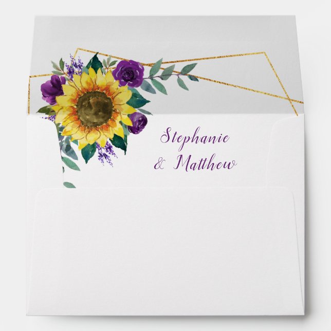 Sunflower Purple Floral Geometric Wedding Envelope (Back (Bottom))