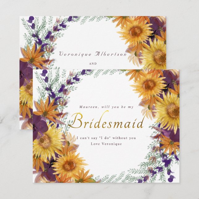 Sunflower purple floral gold script bridesmaid invitation (Front/Back)