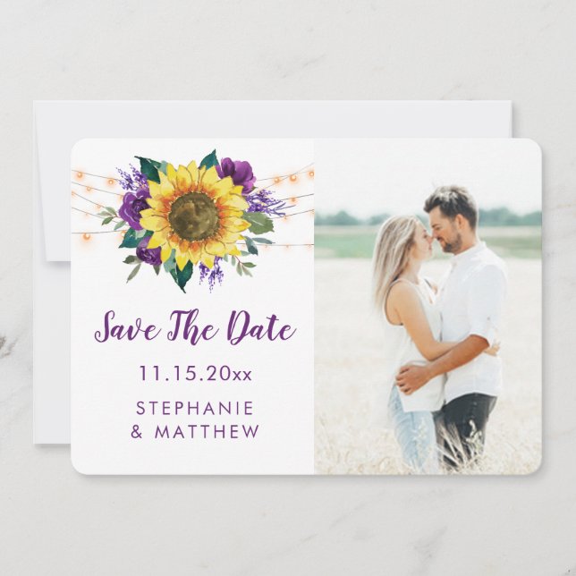 Sunflower Purple Floral Lights Photo Save The Date (Front)