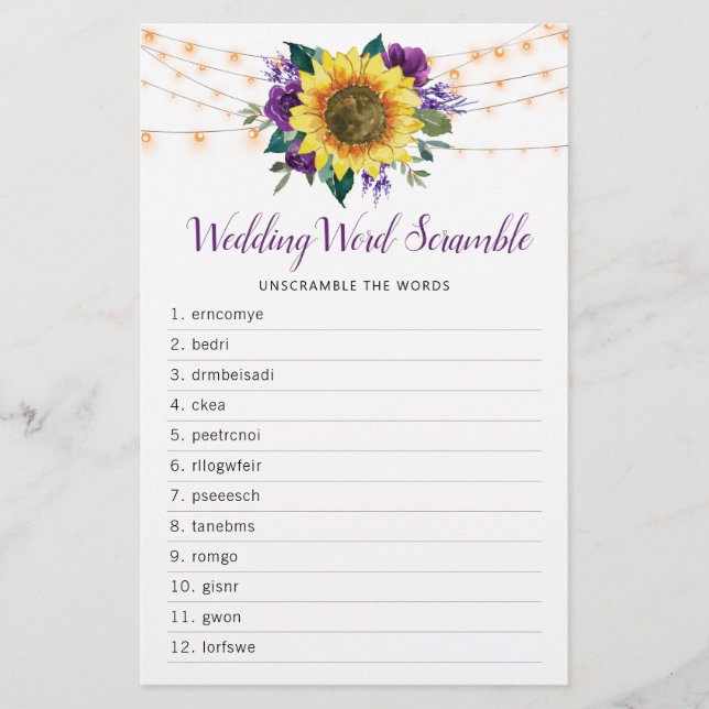 Sunflower Purple Lights Bridal Shower Word Game (Front)