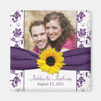Sunflower Purple White Damask Wedding Magnet