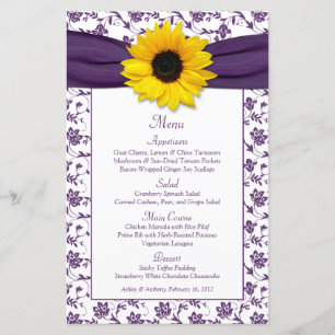 Sunflower Purple White Damask Wedding Menu Card