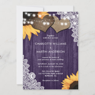 Sunflower Purple Wood Floral Lace Romantic Wedding Invitation