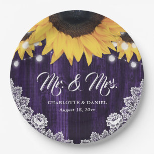 Sunflower Purple Wood Floral Lace Wedding Paper Plate