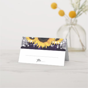 Sunflower Purple Wood Floral Lace Wedding Place Card