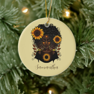 Sunflower Queen Afro Woman Ceramic Ornament