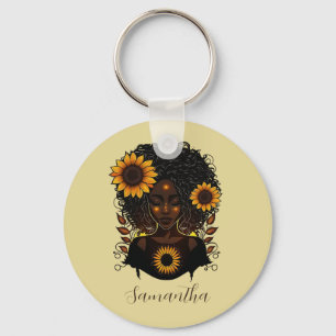 Sunflower Queen Afro Woman Keychain