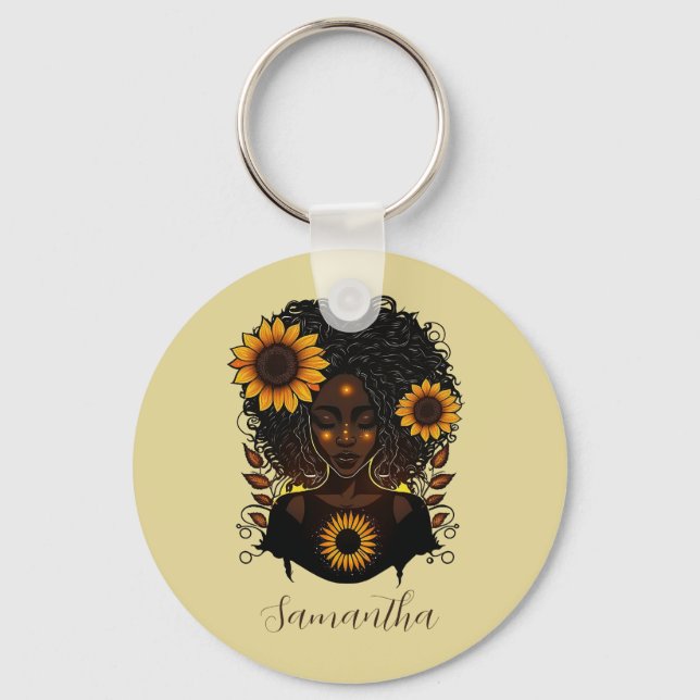 Sunflower Queen Afro Woman Keychain (Front)