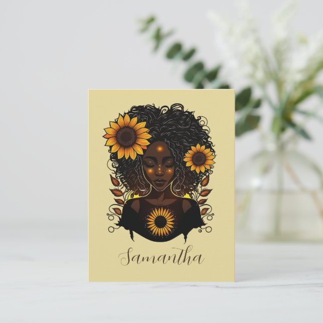 Sunflower Queen Afro Woman Postcard (Standing Front)