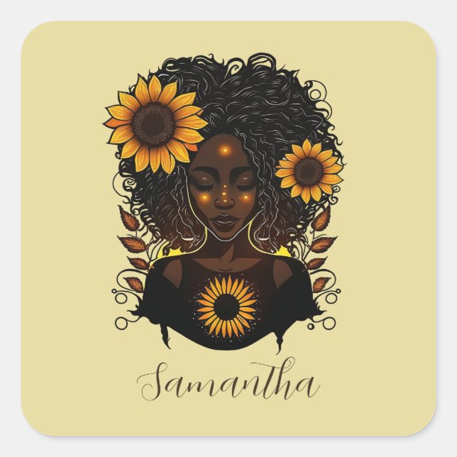 Sunflower Queen Afro Woman Square Sticker (Front)