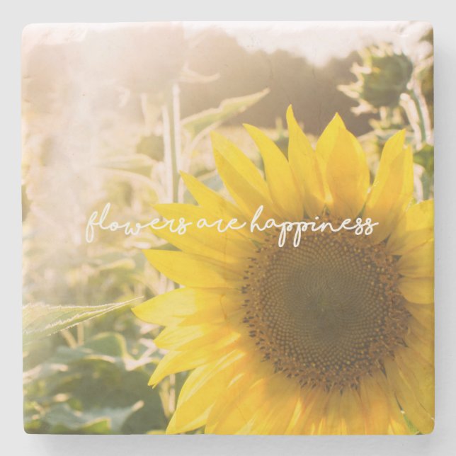 Sunflower quote "flowers are happiness" stone coaster (Front)
