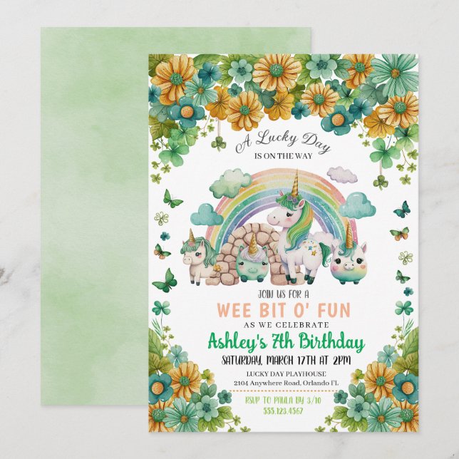 Sunflower Rainbow Unicorn St. Patrick's Birthday Invitation (Front/Back)