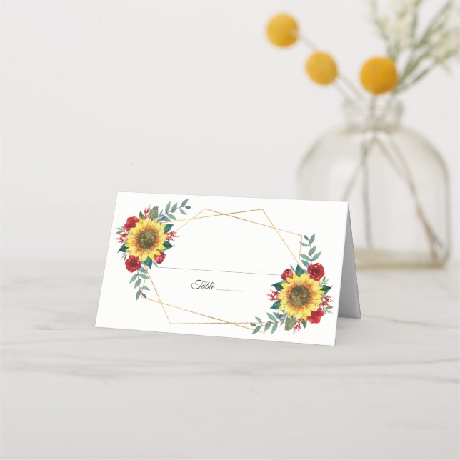 Sunflower Red Floral Geometric Wedding Place Card (Front)